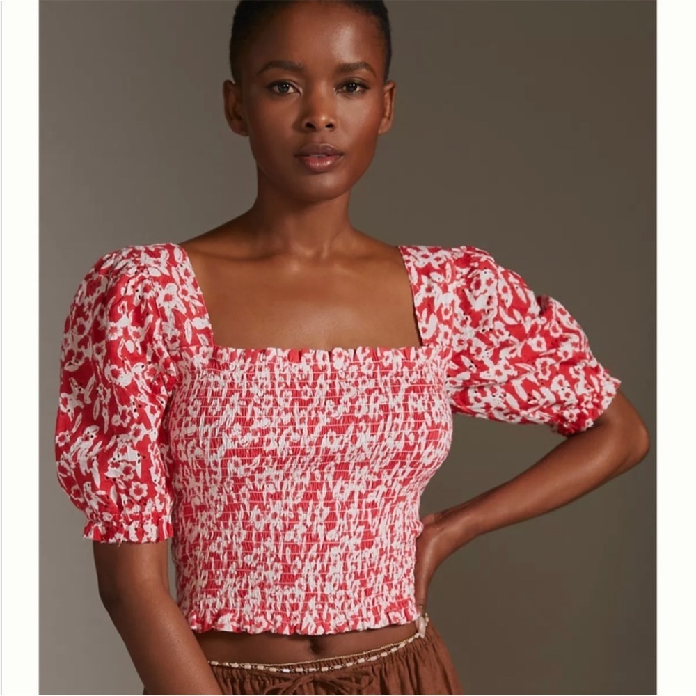 Anthropologie Smocked Eyelet Top Red Floral Blouse Size Medium